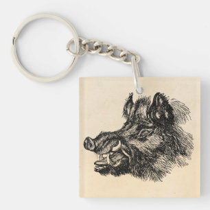 Vintage Vicious Wild Boar w Tusks Template Key Ring