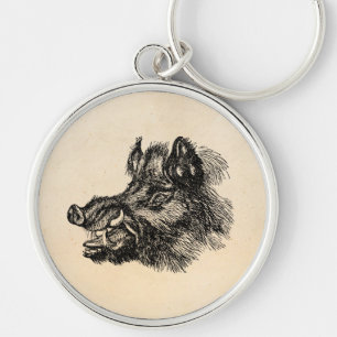 Vintage Vicious Wild Boar w Tusks Template Key Ring