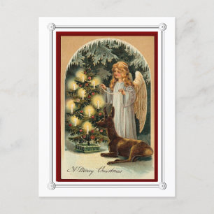 Vintage Victorian Angel Christmas tree and animals Holiday Postcard