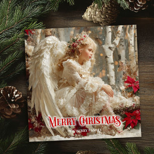 Vintage Victorian angel red poinsettias holiday Card