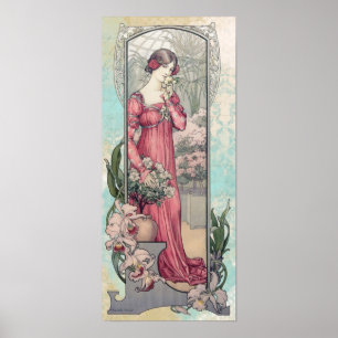 * Vintage Victorian AR23 Woman Art Nouveau Flowers Poster