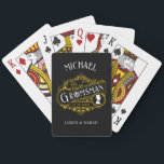 Vintage Victorian Art Elegant Black Groomsmen Gift Playing Cards<br><div class="desc">Celebrate your special day with this exquisite Victorian era-inspired Playing Card Groomsmen Gifts, the perfect blend of classic elegance and contemporary flair. These meticulously designed playing cards are more than just a deck; they are a customised, personalised gift that adds a touch of sophistication to weddings, bachelor parties, engagement parties,...</div>