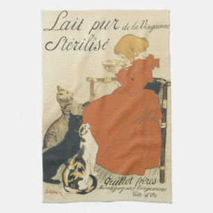 Vintage Victorian Art Nouveau, Girl with Milk Cats Tea Towel
