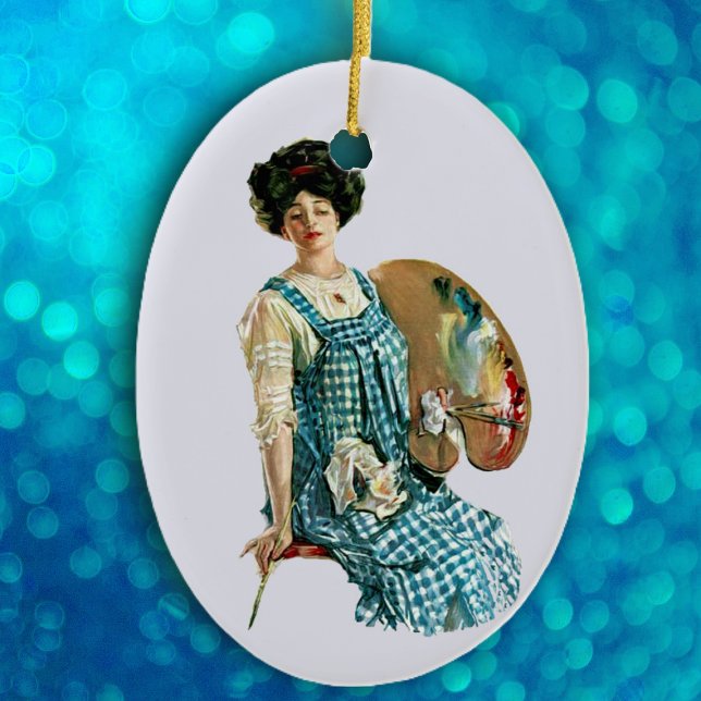 Vintage Victorian Artist Lady Painter Palette Ceramic Tree Decoration (Lady Victorian era artist holding palette with paints in blue plaid smock on blue oval ornament.)