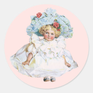 Vintage Victorian Baby Girl Doll, Easter Dress Hat Classic Round Sticker