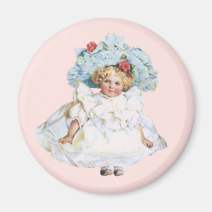 Vintage Victorian Baby Girl Doll, Easter Dress Hat Magnet