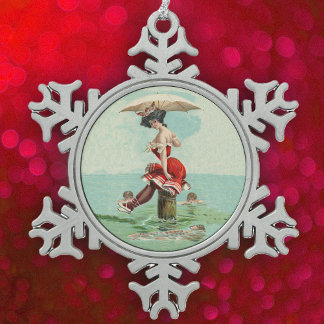 Vintage Victorian Bathing Beauty Lady Ocean Snowflake Pewter Christmas Ornament