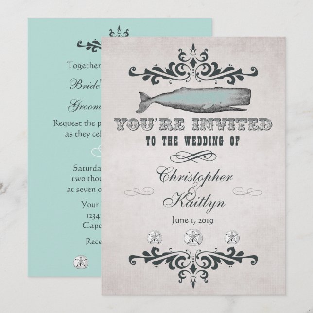 Vintage Victorian Beach Whale Wedding Invitations (Front/Back)