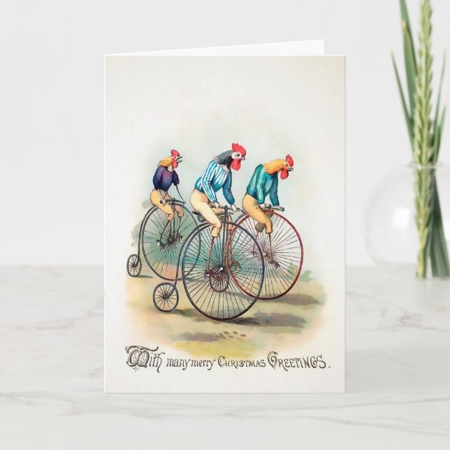 Vintage Victorian Biking Roosters Christmas Card (Front)