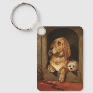 Vintage Victorian Bloodhound and Westie Dog Art Key Ring