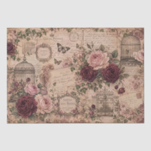 Vintage Victorian Blush Burgundy Roses Birdcages Tissue Paper