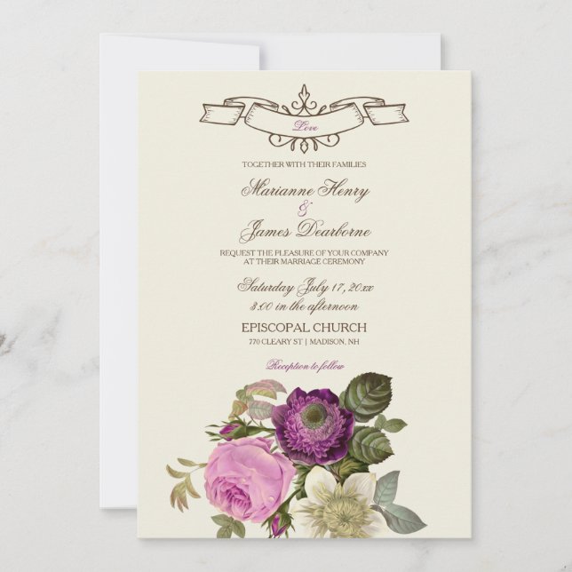 Vintage Victorian Botanical Pink & Plum Invitation (Front)