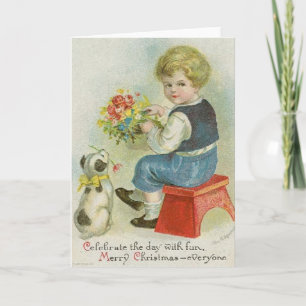 Vintage Victorian Boy Puppy Christmas Card