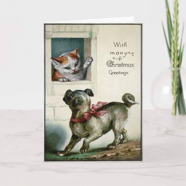 Vintage Victorian Cat and Dog Christmas Card (Front)