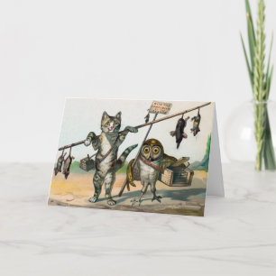 Vintage Victorian Cat and Owl Christmas Card