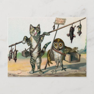 Vintage Victorian Cat and Owl Postcard