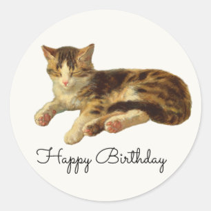 Vintage Victorian Cat Nap Art Happy Birthday Classic Round Sticker