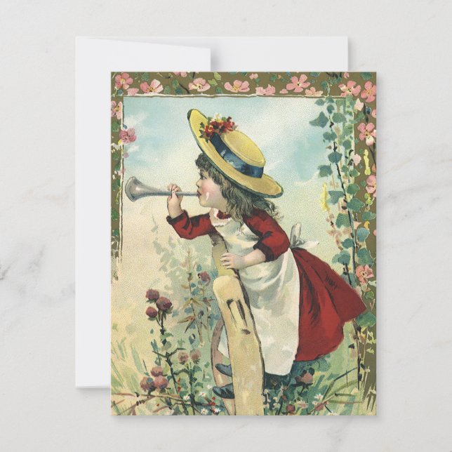 Vintage Victorian Child, Girl Blowing Bugle Meadow (Front)