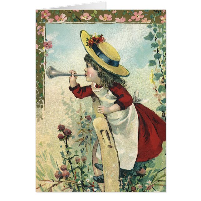 Vintage Victorian Child, Girl Blowing Bugle Meadow (Front)
