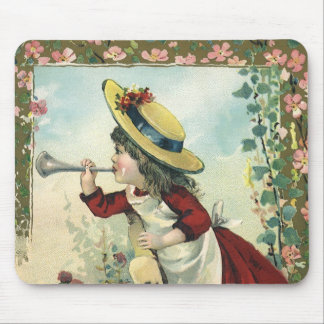 Vintage Victorian Child, Girl Blowing Bugle Meadow Mouse Mat