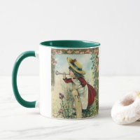 Vintage Victorian Child, Girl Blowing Bugle Meadow