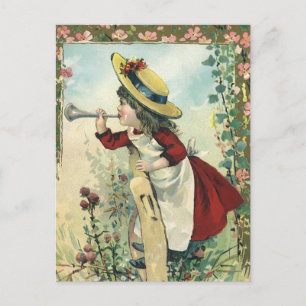 Vintage Victorian Child, Girl Blowing Bugle Meadow Postcard