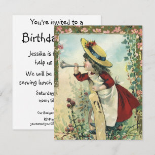 Vintage Victorian Child, Girl Bugle Birthday Party Invitation