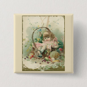 Vintage Victorian Child, Girl Spring Fruit Basket 15 Cm Square Badge