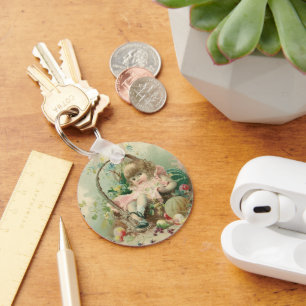 Vintage Victorian Child, Girl Spring Fruit Basket Key Ring