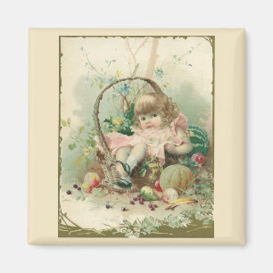 Vintage Victorian Child, Girl Spring Fruit Basket Magnet