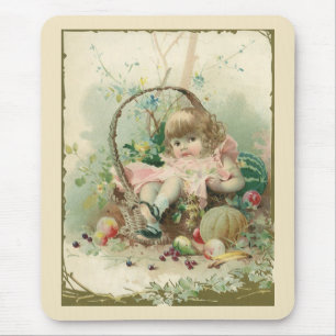 Vintage Victorian Child, Girl Spring Fruit Basket Mouse Mat