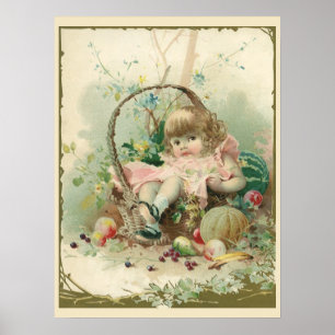 Vintage Victorian Child, Girl Spring Fruit Basket Poster