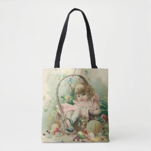 Vintage Victorian Child, Girl Spring Fruit Basket Tote Bag
