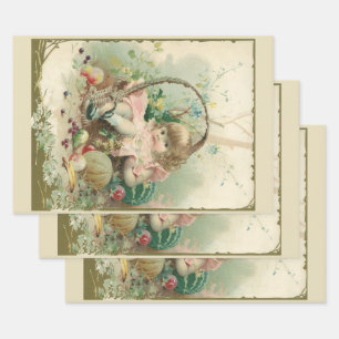 Vintage Victorian Child, Girl Spring Fruit Basket Wrapping Paper Sheet