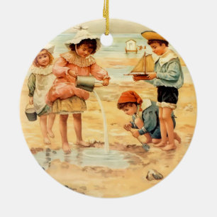Vintage Victorian Children At The Beach Fine Art Ceramic Tree Decoration