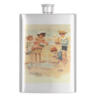 Vintage Victorian Children At The Beach Fine Art Hip Flask