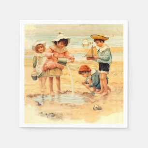 Vintage Victorian Children At The Beach Fine Art Napkin
