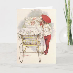 Vintage Victorian Children, Child and Baby in Pram Card