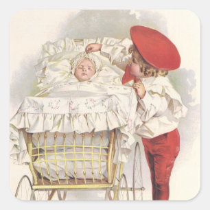 Vintage Victorian Children, Child and Baby in Pram Square Sticker