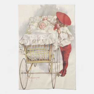 Vintage Victorian Children, Child and Baby in Pram Tea Towel