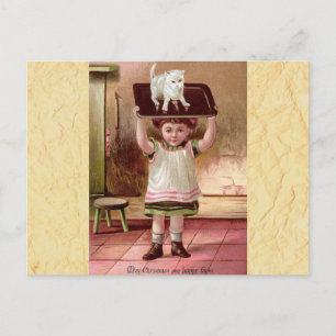 Vintage Victorian Christmas Cat on Tea Tray 1880s Holiday Postcard