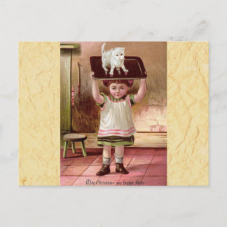 Vintage Victorian Christmas Cat on Tea Tray 1880s Holiday Postcard