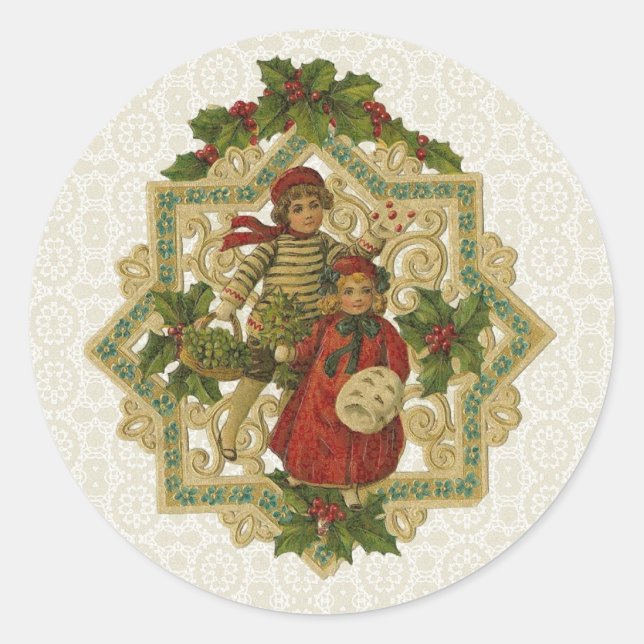 Vintage Victorian Christmas Children Classic Round Sticker (Front)