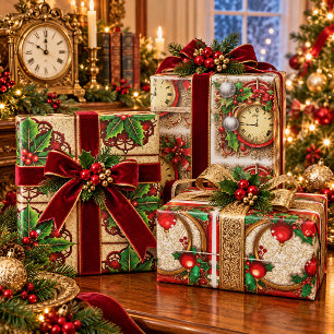 Vintage Victorian Christmas Clocks Holly Berries Wrapping Paper Sheet
