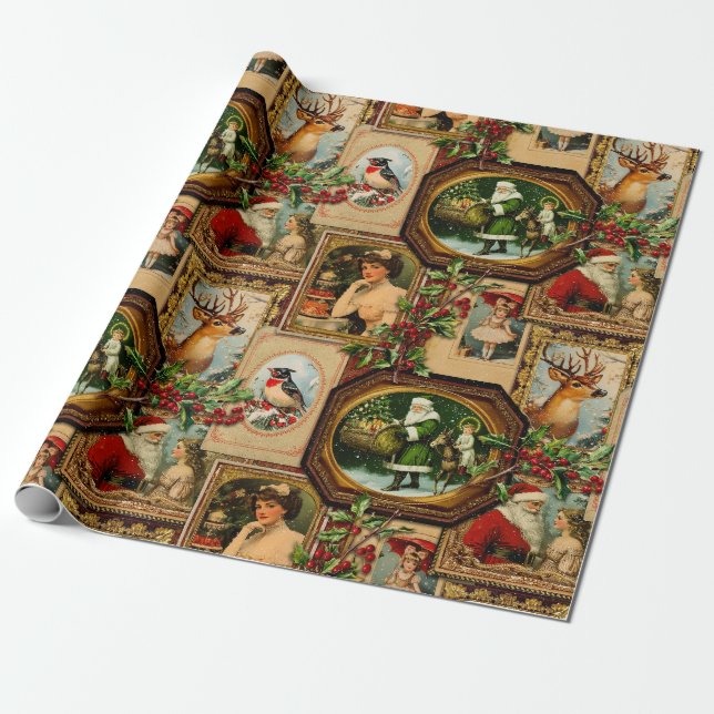 Vintage Victorian Christmas Frame Collage Wrapping Paper (Unrolled)