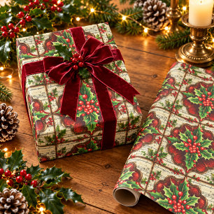 Vintage Victorian Christmas Holly Red Berries Wrapping Paper