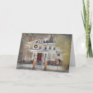 Vintage Victorian Christmas House in snowflakes Holiday Card