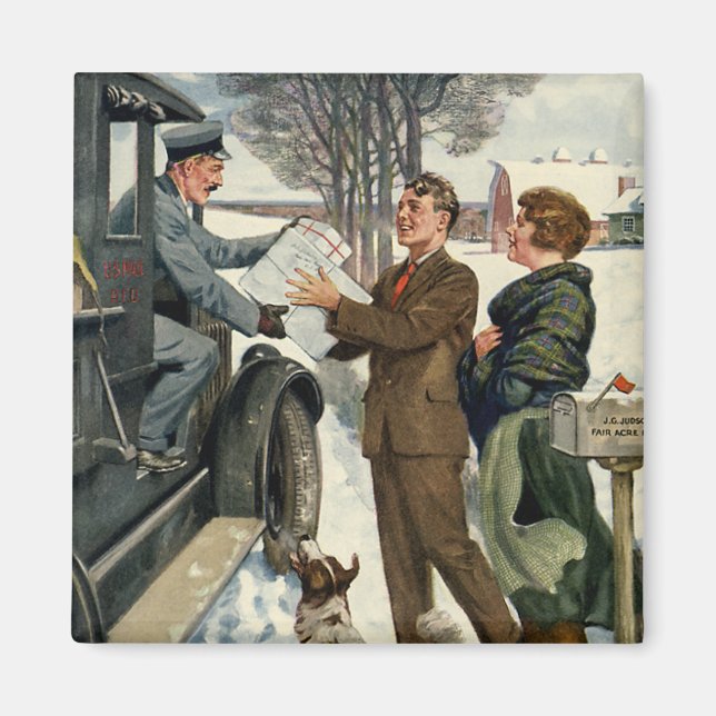 Vintage Victorian Christmas Mailman Delivery Magnet (Front)