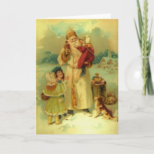 Vintage Victorian Christmas Santa Claus Kids Puppy Holiday Card