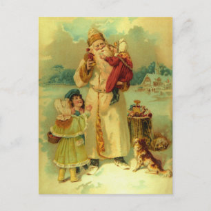 Vintage Victorian Christmas Santa Claus Kids Puppy Holiday Postcard
